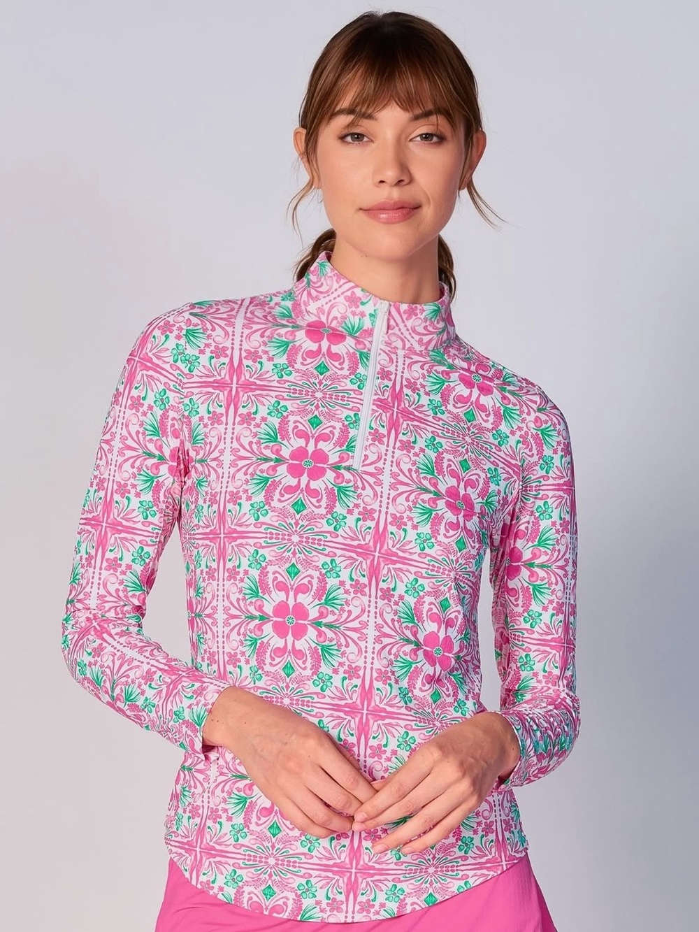 G Lifestyle Rare Quarter Zip Pink Tile Pattern UPF 50 Long-Sleeve Top Size XL